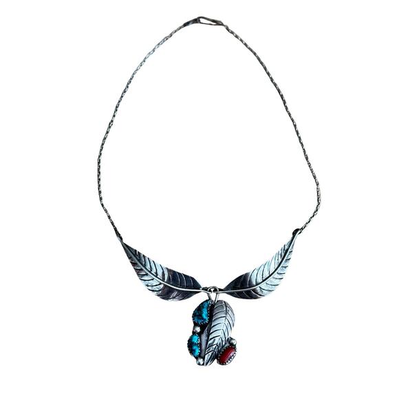 Sterling Silver Turquoise Coral Signed GN Collar Necklace - Picture 2 of 7